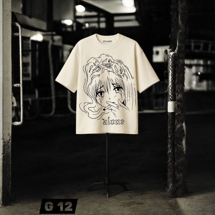 KlassyLife Limited Edition Alone Oversized Anime T-Shirt – Cream White French Terry (Copy) - Image 1