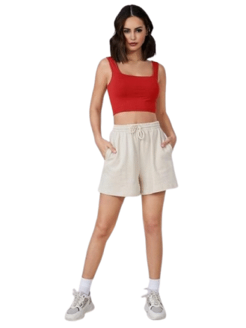 Klassy Life Women’s Red Ribbed Square Neck Crop Top | Stretchable Cotton Blend Tank