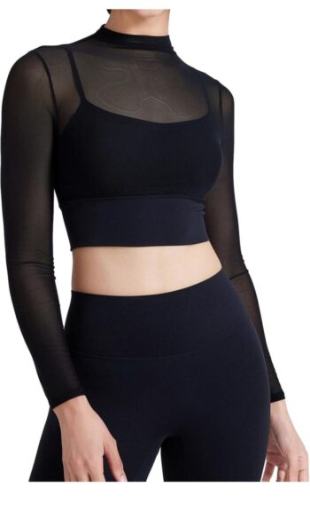 KlassyLife Women’s Full Sleeve Mesh Party Crop Top with Padding