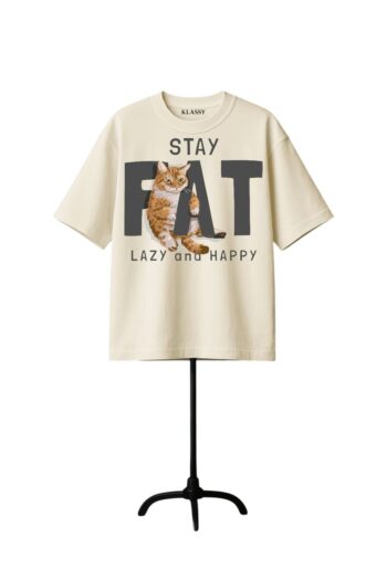 KlassyLife Stay FAT Lazy & Happy Cat Graphic Oversized T-Shirt