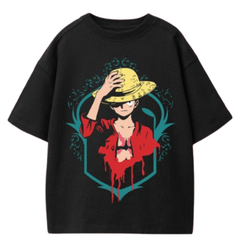 KlassyLife Straw Hat Pirate Oversized Anime Graphic T-Shirt – Black
