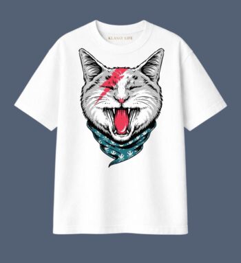 Klassy Life Fierce Cat Graphic Oversized T-Shirt (White)